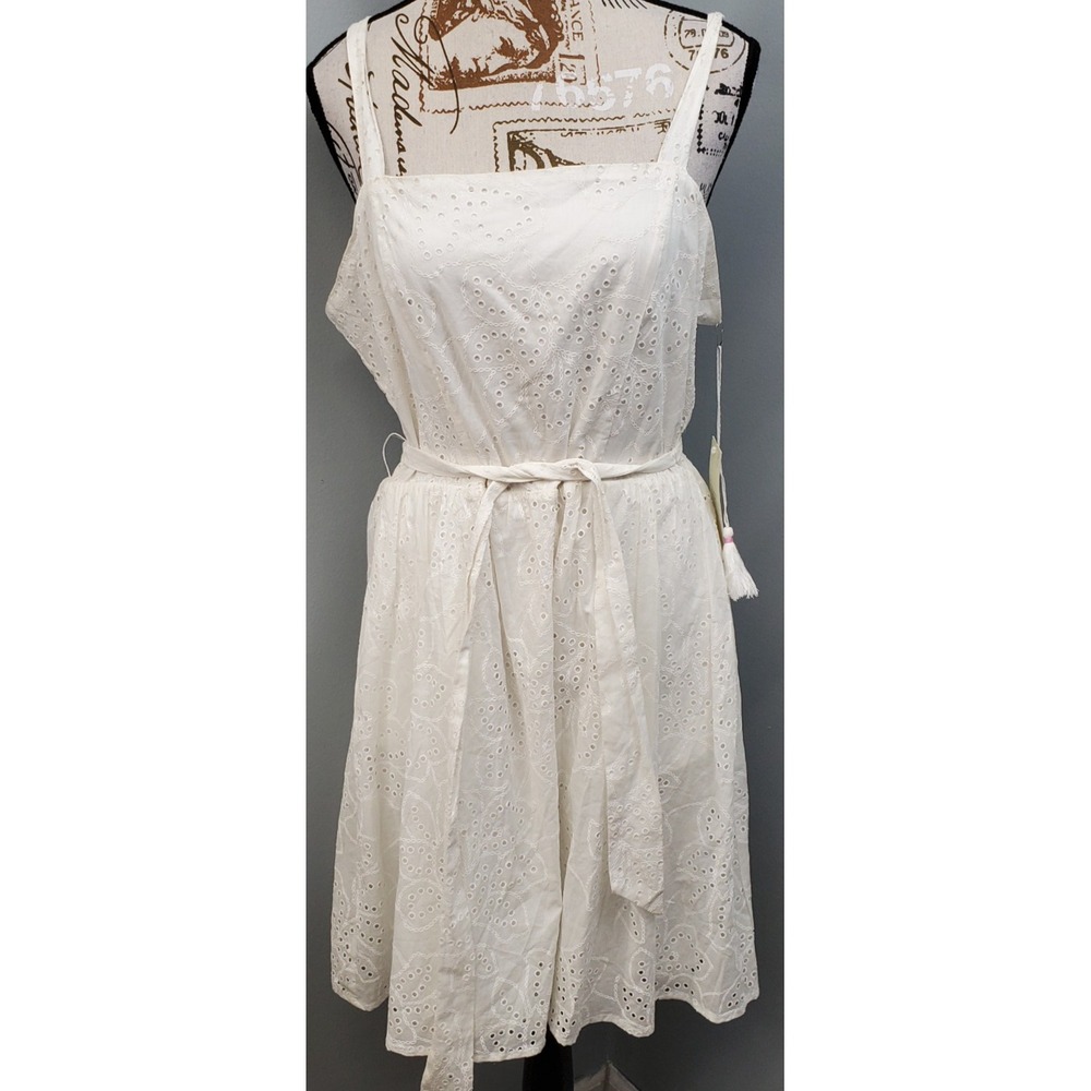 Calypso St. Barth Midi Dress Womens 10 White Eyelet Lace Tie Waist Sleeveless